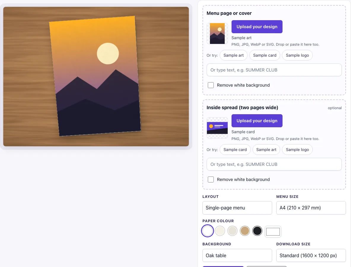 Menu mockup example